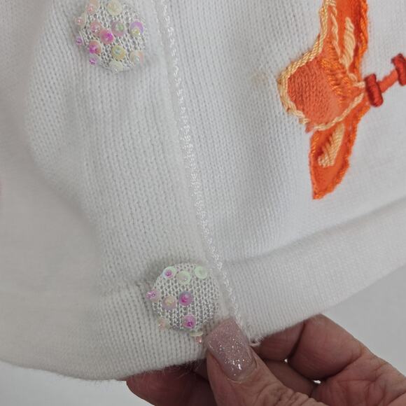 Quacker Factory Cardigan Sweater sz L White Multi Hummingbird Flowers Sequins - Picture 7 of 16